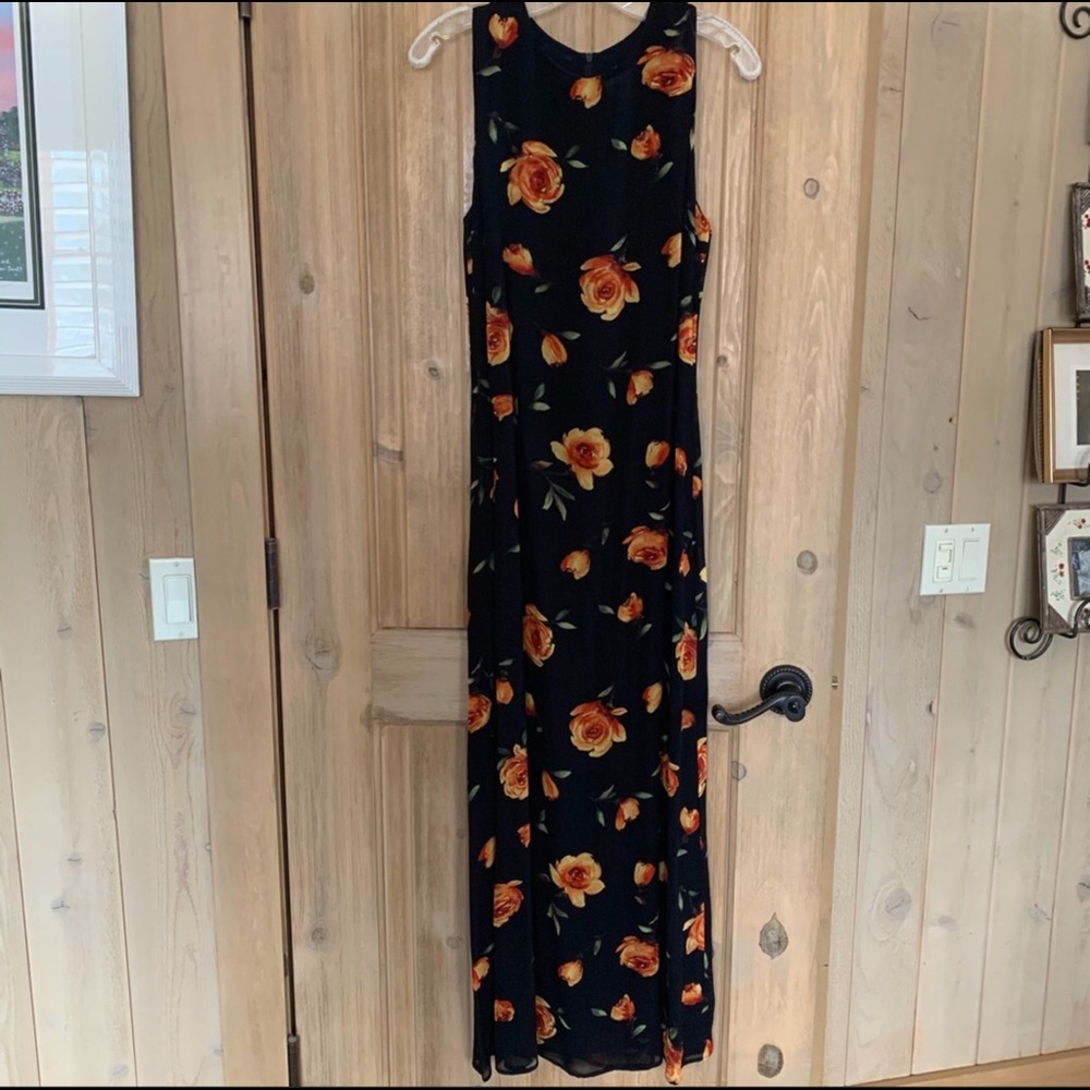 Black sheer maxi dress with rose floral design